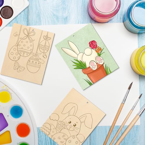 COCHIE 10 Pieces Large Easter Unfinished Wood Crafts to Paint for Adults, Bulk Predrilled Wooden Ornaments for Painting, Bunny Duck Eggs Paintable Wood Slices Craft Supplies with Ropes - color: Easter