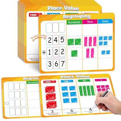 24Pcs Place Value Chart Dry Erase Flash Cards Double Sided Addition Subtraction Cardboard Math Whiteboard Math Manipulatives Teacher Portable Tool 12" x 9" - style: Place Value Chart