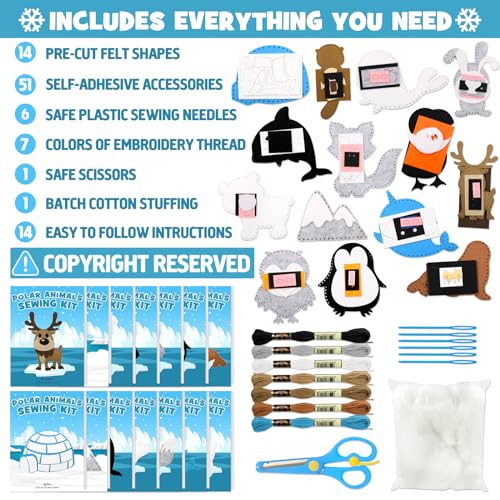 CiyvoLyeen Polar Animals Sewing Kit for Kids Make Your Own Winter Polar Animals Felt Plush Craft Kit Includes 14 Creative Projects to Sewing Beginners Fun DIY Educational Gift for Boys and Girls