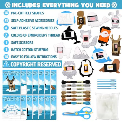 CiyvoLyeen Polar Animals Sewing Kit for Kids Make Your Own Winter Polar Animals Felt Plush Craft Kit Includes 14 Creative Projects to Sewing Beginners Fun DIY Educational Gift for Boys and Girls