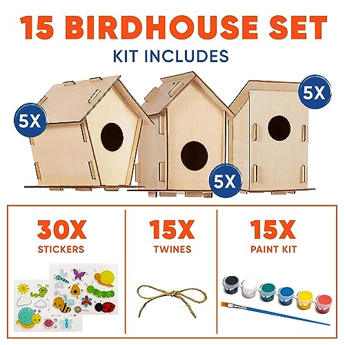 Wooden Birdhouses to Paint - 15 Bulk DIY Bird House Craft Kits for Kids