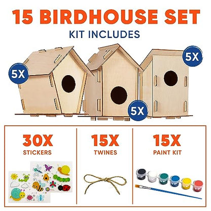 Wooden Birdhouses to Paint - 15 Bulk DIY Bird House Craft Kits for Kids