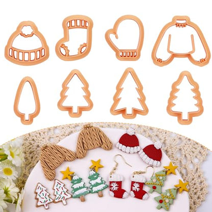 Puocaon Christmas Holiday Clay Cutters - 8 Pcs Christmas Tree Clay Cutters for Polymer Clay Jewelry Making, Christmas Jumper Socks Gloves Clay Jewelry Cutters, Cute Beanie Polymer Clay Earring Cutters