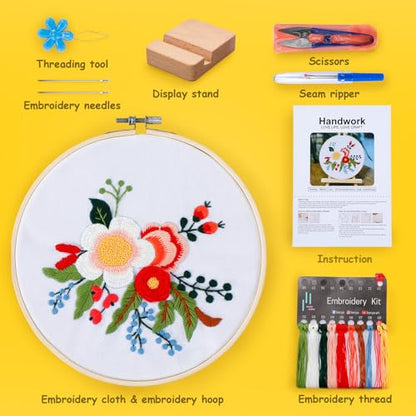 BERYA Embroidery Kit for Beginners, Flowers and Leaves Embroidery Practice Kit, Hand Floral Embroidery Starter Kit for Adults with Video Step by Step Instructions, Hoops, Threads and Needles (BEF014) - color: flower yellow and pink