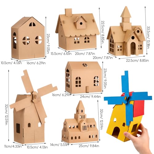 NUOBESTY 6 Pcs Cardboard Houses for Kids Crafts, Blank 3D Puzzle Village Kit to Paint and Color, DIY Paper Building Project for Indoor Art Activity