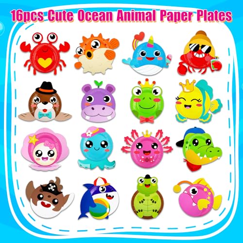 16 Pack Arts and Crafts for Kids Toddler DIY Animal Paper Plate Art Gifts - style: ocean
