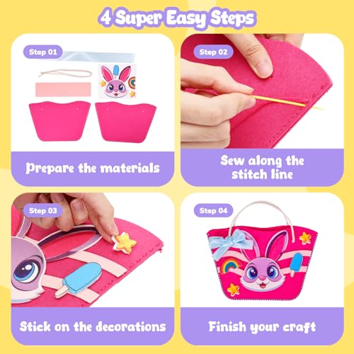 MGparty My First Kids Sewing Kit, DIY Arts & Crafts Set with 7 Felt Bag Projects, Beginner Sewing Activities for Kids Ages 5+, Creative Learning Craft Kit, Birthday Gifts for Boys & Girls