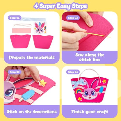 MGparty My First Kids Sewing Kit, DIY Arts & Crafts Set with 7 Felt Bag Projects, Beginner Sewing Activities for Kids Ages 5+, Creative Learning Craft Kit, Birthday Gifts for Boys & Girls