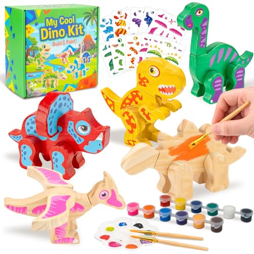 Coloring Wooden Dinosaur, DIY Building Toy with Paint and Stickers