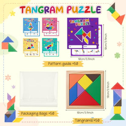 Dunzoom 50 Pack Wooden Tangram Puzzle Bulk Kid Party Favor Educational Toy
