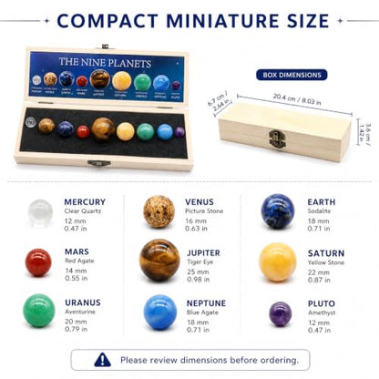 9 Planets Solar System Gemstone Set with Wooden Display Box