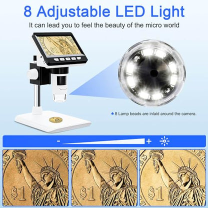 4.3" Digital Microscope for Adults, USB Coin Magnifier with 8 Lights - color: White