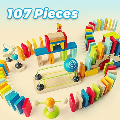 Hape Dynamo Wooden Domino Set Award Winning Domino Racing Building Block Set for Kids, 107 Solid Pieces of Fun Filled Racing, Building and Stacking