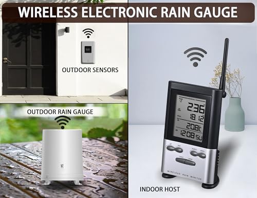Wireless Rain Gauge Outdoor with Thermometer, Digital Rain Gauges Outdoors Best Rated with Self-Emptying & Freeze Proof, Accurate Remote Rain Measure Gauge, Automatic Outside Rain Gauge for Yard - color: Wireless Rain Gauge