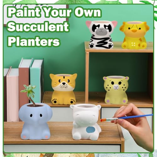 Beeveer 6 Sets Paint Your Own Ceramic Animal Succulent Planters Paintable Animal Ceramic Small DIY Figurines Unpainted Succulent Pots with Drainage Hole for Adults - style: Lovely Animal