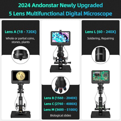 Andonstar AD266S 20X-5000X HDMI Digital Microscope, 5 Lens 2160P UHD Video - style: AD266S-7"+ Metal Biological Stand