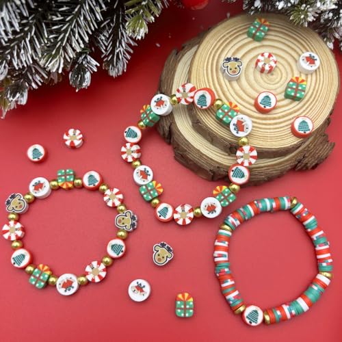 ZSFLZS Christmas Polymer Clay Beads Bracelet Making kit, Christmas Bead Christma Charms for Jewelry Making DIY Bracelet, Necklace, Earring Make, Mixed Beads Polymer Beads Clay Beads Charms - color: Christmas