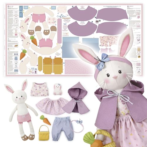 kullaloo - Cut & Sew Fabric Panel for Intermediate Skills - with Video Instructions - Doll Sewing Panel Doll with Clothes: Dress Me Bestie Bibby Bunny - color: Dress Me Bestie Bibby Bunny