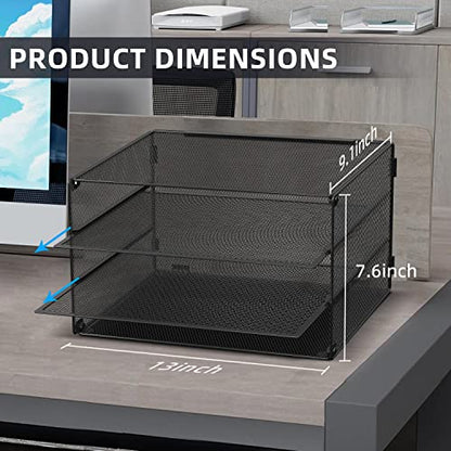 DALTACK 3 Tier Letter Tray Paper Organizer with Sliding Mesh Trays Black - color: Black