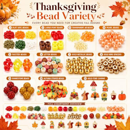 1900 Pcs Thanksgiving Bead Kit Fall Beads with Turkey Charms - color: Orange Brown