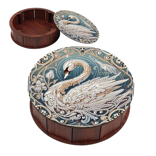 antor Swan Diamond Painting Storage Box, Round Wooden DIY 5D Crystal Diamond Art Painting Tabletop Ornament Organizer, Jewelry or Trinket Storage Gift, Home Office Decor Crafts - color: Swan