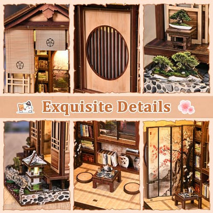 DIY Book Nook Kit, 3D Wooden Puzzle for Adults, Japanese Zen Garden Miniature House Model with LED Light, Creative Shelf Insert Decor & Arts Crafts Gift (Moss Lantern Harmony Garden) - style: Moss Lantern Harmony Garden