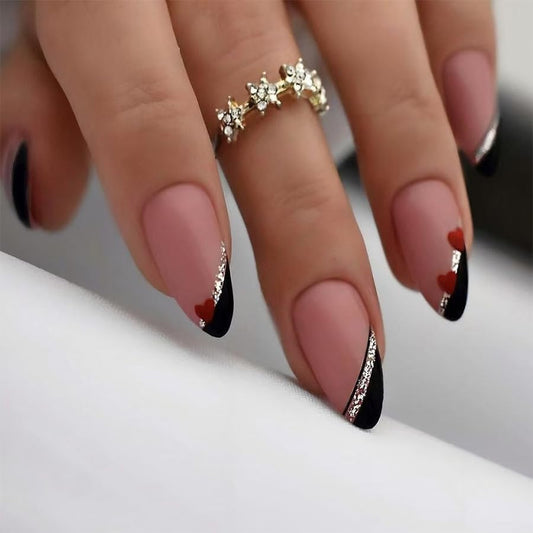 Almond Press on Nails Long Nude Fake Nail Sparkly Glitter with Cute Little Heart Acrylic Nail Press ons Valentines Day Stick on Nails for Women 24pcs - color: Color11