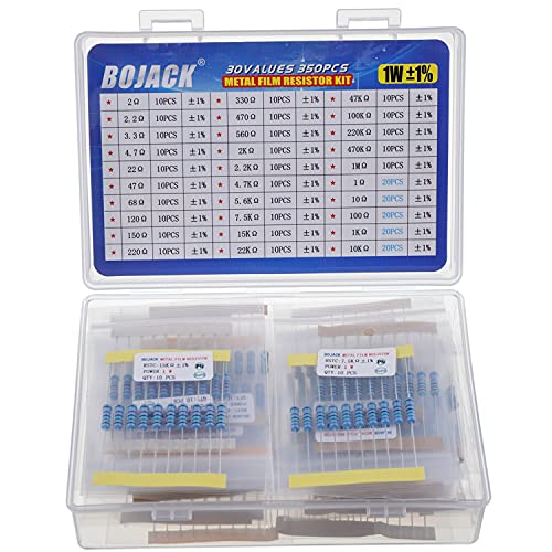 BOJACK 350 Pcs 30 Values Resistor Kit 1 Ohm - 1M Ohm with 1% 1W Metal Film Resistors Assortment - size: 1 W