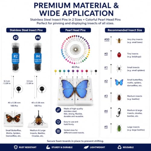 Insect Pinning Kit for Beginners, Complete Bug Specimen Mounting Tools with Combination EVA Foam Board, Wing Spreading Paper, Insect Pins, Tweezers & Scissors, Butterfly Mounting Kit for Entomology - size: Insect Specimen Tools