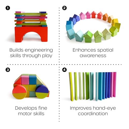 Quiggly Montessori Wooden Rainbow Building Blocks - 68 Pc STEM Toy Set