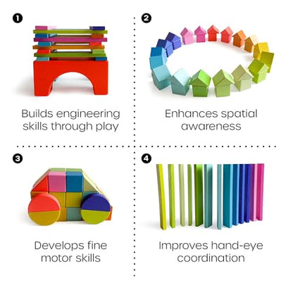 Quiggly Montessori Wooden Rainbow Building Blocks - 68 Pc STEM Toy Set
