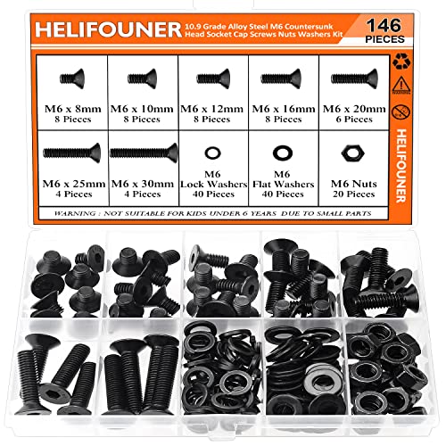 HELIFOUNER 146 Pieces M6 x 8mm /10mm /12mm /16mm /20mm /25mm /30mm, Countersunk Head Socket Cap Screws Bolts Washers Nuts Kit, 10.9 Grade Alloy Steel, Full Threaded, Black - size: M6, style: Countersunk Head