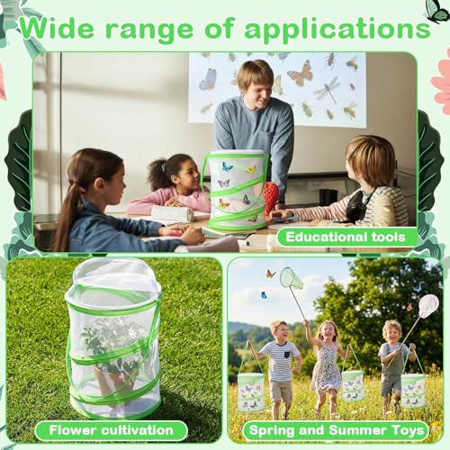 Sherr 12 Pack Butterfly Habitat Cage, 9"x11" Pop-up Mesh Butterfly Net Terrarium, Reusable Caterpillar Raising Kit, Portable Bug Catcher Enclosure for Transporting and Raising Critter (Green) - color: green