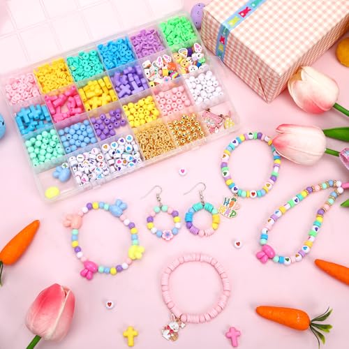 UPINS 2100+ Easter Beads for DIY Bracelet Making Jewelry Crafts Keychains - color: Pink Yellow Blue Purple Green