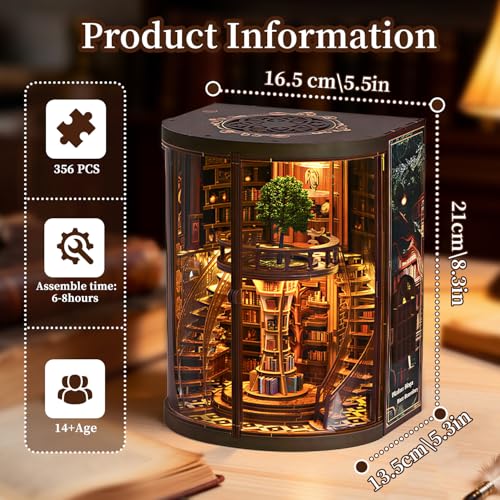 Book Nook Kit for Adult-3D Wooden Puzzles Miniature Library Bookshelf Insert Bookend Decor，Adult Miniature Model with LED Light and Dust Cover, Touch Switch, Adult Craft Kits Gift - style: Wisdom Rings