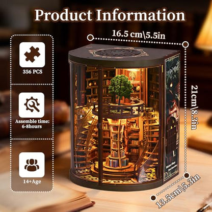 Book Nook Kit for Adult-3D Wooden Puzzles Miniature Library Bookshelf Insert Bookend Decor，Adult Miniature Model with LED Light and Dust Cover, Touch Switch, Adult Craft Kits Gift - style: Wisdom Rings