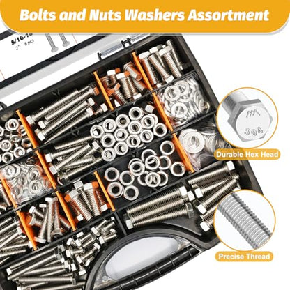 KADRICK 456PCS Stainless Steel Bolt and Nut Kit,SAE 1/4-20 5/16-18 3/8-16 - size: 456Pcs Stainless SAE Hex Bolts