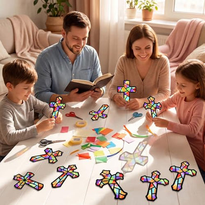 Renbuzhu 48PCS Sunday School VBS Crafts Bulk: Paper Cross Nativity Suncatchers, Jesus Religious Christian Activity DIY Kits Church Decorations, Window Stained Glass Effect Art Supplies - style: religious cross