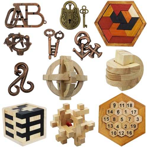 Arlai 12 pcs Wooden Brain Teaser Puzzle & Metal 3D Unlock Interlocking