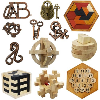 Arlai 12 pcs Wooden Brain Teaser Puzzle & Metal 3D Unlock Interlocking