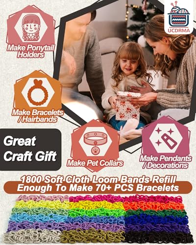 UCDRMA 1800PCS Soft Cloth Loom Bands Refill for Bracelet, Loop Bracelet Making Kit in 18 Rainbow Colors Weaving Loom Refill Loops Pack, Elastic Band Bracelet Kit Can Make 70+ Friendship Bracelets - color: 18 Rainbow Gradient Colors