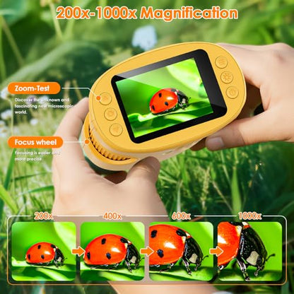 Temodu Kids Microscope 2.0" Screen 1000X Digital Microscope for Kids, Mini Pocket Handheld Microscopes for Children Birthday Festival Gift, Science Education Fun Toys for Boys Girls Ages 4-12 (Yellow) - color: Yellow