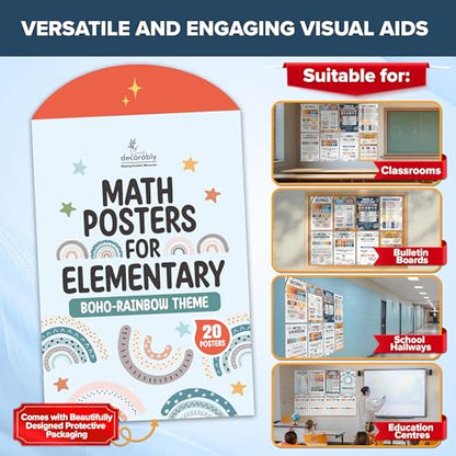 Decorably 20 Boho Rainbow Math Posters for Elementary School, 11x17in - style: Boho Rainbow