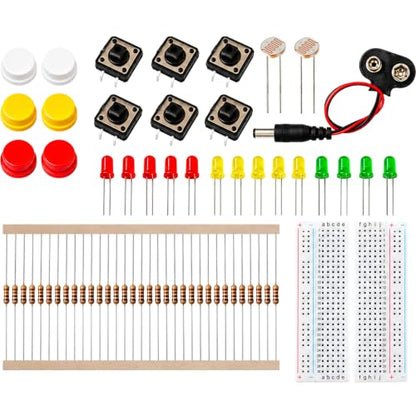 Electronics Component Starter Kit with 400 Hole Breadboard LEDs Resistors Buttons Photoresistors for Arduino ESP32 Raspberry Pi, 65 Pieces with Storage Box
