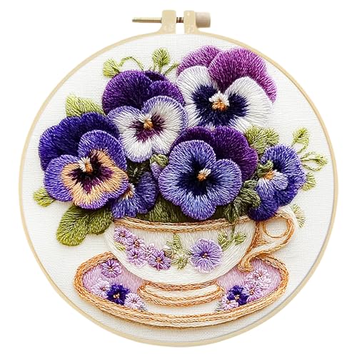 Needlework Embroidery Kit for Beginners,Pansy Pattern Handmade Cross Stitch Sewing Craft Kit with Pre-Stamped Patterns,7.87 inch Hoop,Floss & Needles for Craft Lover Birthday Gifts 11.41x11.41in - color: Pansy
