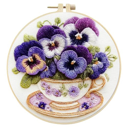 Needlework Embroidery Kit for Beginners,Pansy Pattern Handmade Cross Stitch Sewing Craft Kit with Pre-Stamped Patterns,7.87 inch Hoop,Floss & Needles for Craft Lover Birthday Gifts 11.41x11.41in - color: Pansy