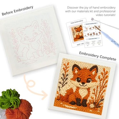 SDOYUNO Punch Needle Kit with Frame for Adults Beginners Kits 9.84 x 9.84 Inch Embroidery Starter Kits Punch Needle Kit with Fox Pattern, Threader, Yarns, Rug Punch, DIY Craft Kits (Brown) - color: brown
