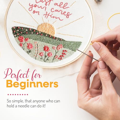 Elly & Grace Christian Embroidery Kit with Embroidery Hoop, Easy Embroidery Kit for Beginners and Adults, Full Embroidery Hoop Kit with Needles and Thread Included (Cast All Your Cares) - style: Cast All Your Cares