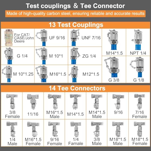 Hydraulic Pressure Test Kit with 5 Gauges(Max 10000 PSI), 13 Test Couplings 14 Tee Connectors 5 Test Hoses, Hydraulic Nitrogen Gauge Tester Set with Carrying Case for Excavator Construction Machinery - size: 5 Gauges 13 Test Couplings