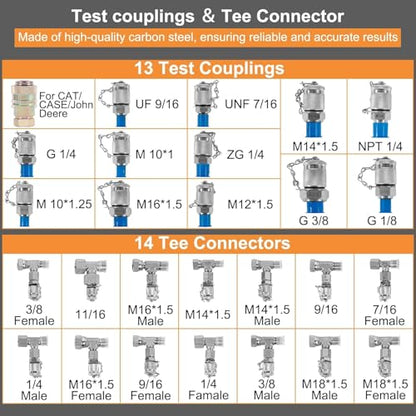 Hydraulic Pressure Test Kit with 5 Gauges(Max 10000 PSI), 13 Test Couplings 14 Tee Connectors 5 Test Hoses, Hydraulic Nitrogen Gauge Tester Set with Carrying Case for Excavator Construction Machinery - size: 5 Gauges 13 Test Couplings